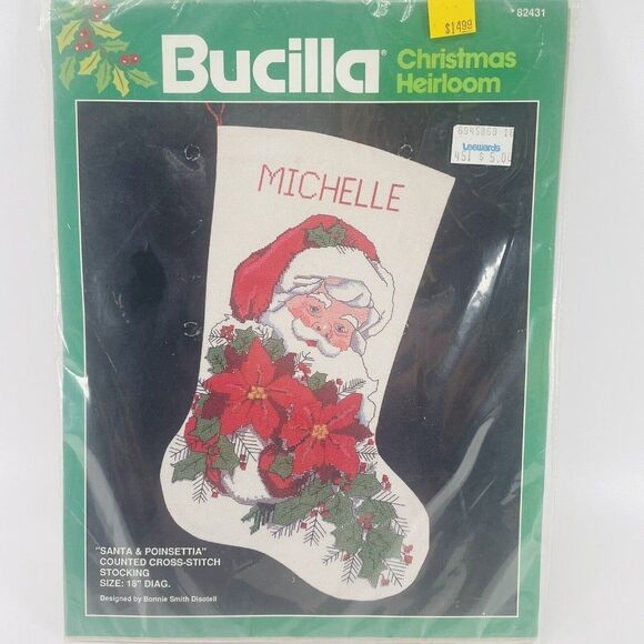 Bucilla Santa & Poinsettia Counted Cross Stitch Christmas Stocking Kit 82431 18" - Picture 1 of 7